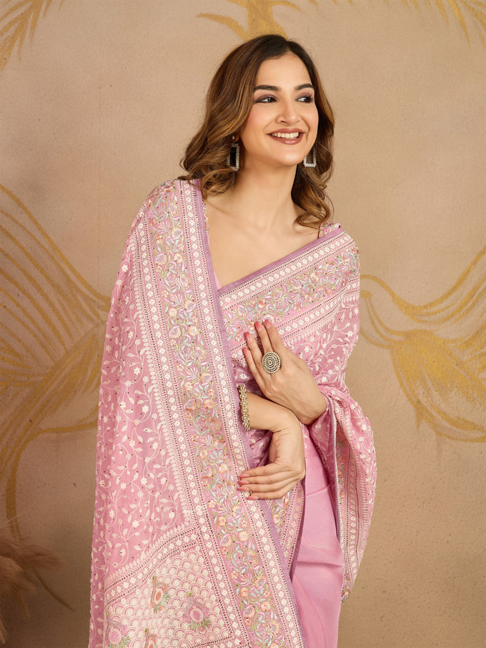 LightPink Tussar Silk Embroidery Siroski Work Saree with Unstitch Blouse Piece For Women's Trendmalls