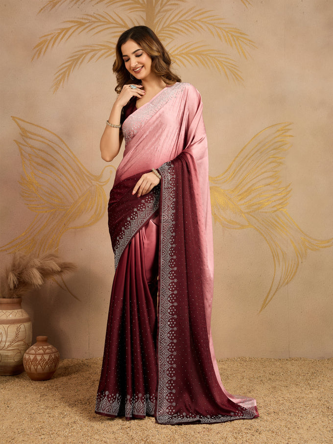 Brown Satin Siroski Work Ombre Pattern Dual Shade Saree with Unstitch Blouse Piece For Women's Trendmalls