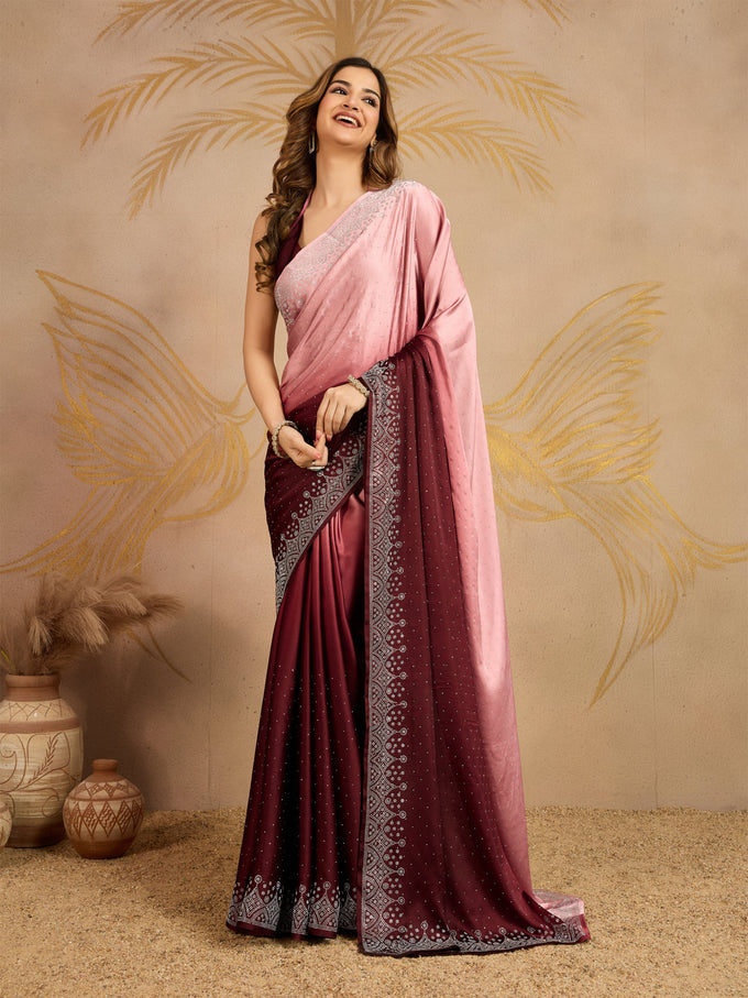 Brown Satin Siroski Work Ombre Pattern Dual Shade Saree with Unstitch Blouse Piece For Women's Trendmalls