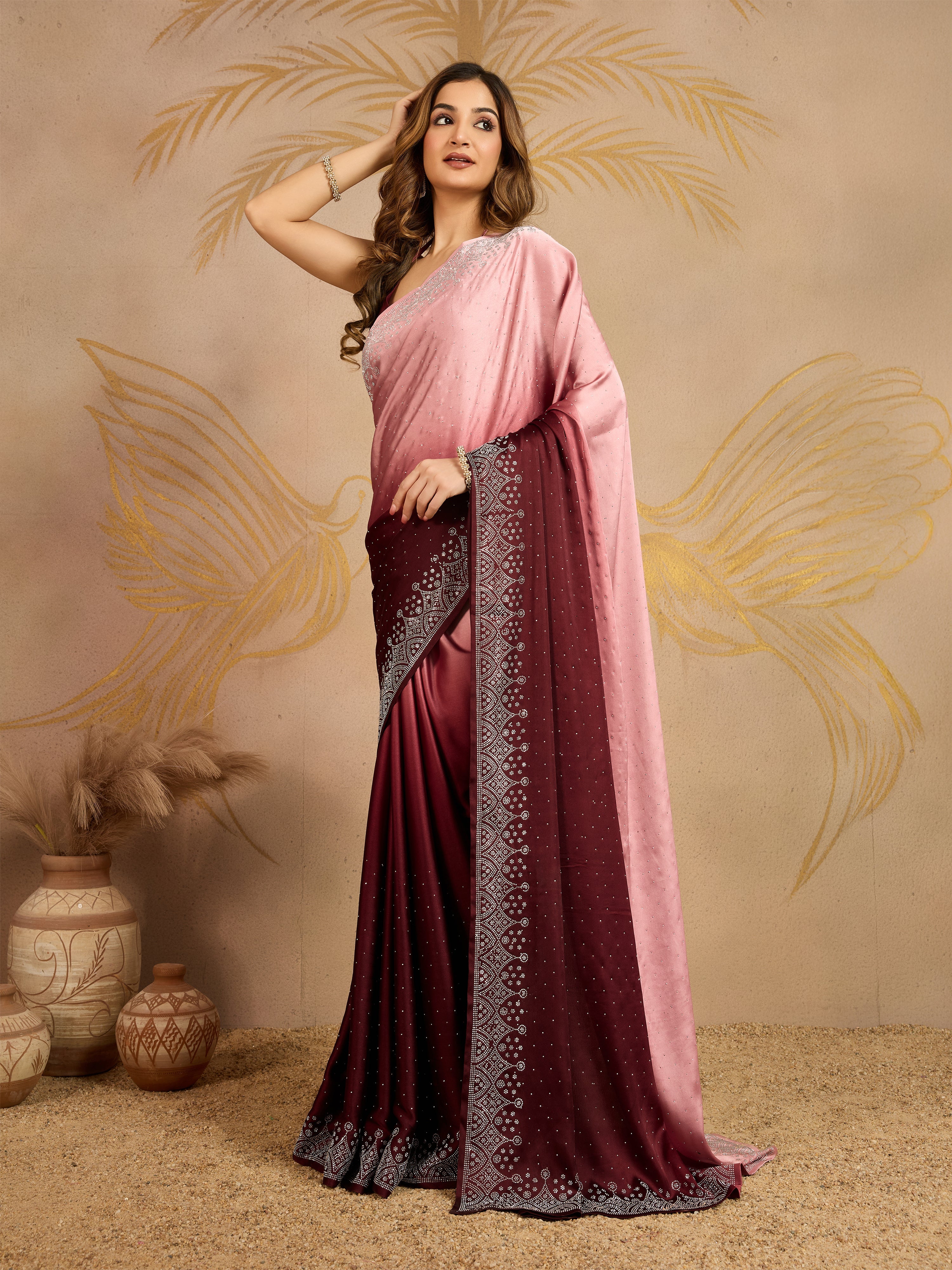 Brown Satin Siroski Work Ombre Pattern Dual Shade Saree with Unstitch Blouse Piece For Women's Trendmalls