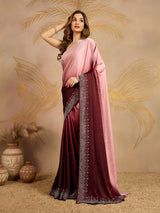 Brown Satin Siroski Work Ombre Pattern Dual Shade Saree with Unstitch Blouse Piece For Women's