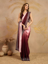 Brown Satin Siroski Work Ombre Pattern Dual Shade Saree with Unstitch Blouse Piece For Women's