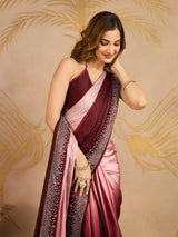 Brown Satin Siroski Work Ombre Pattern Dual Shade Saree with Unstitch Blouse Piece For Women's