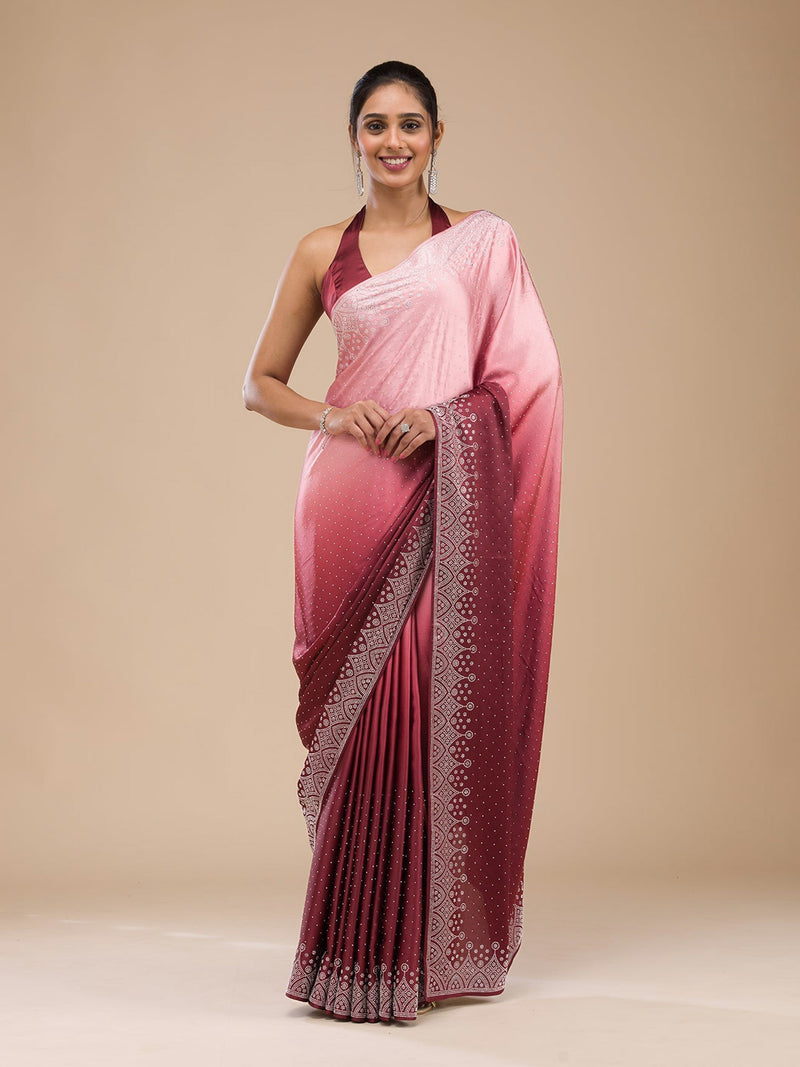 Brown Satin Siroski Work Ombre Pattern Dual Shade Saree with Unstitch Blouse Piece For Women's