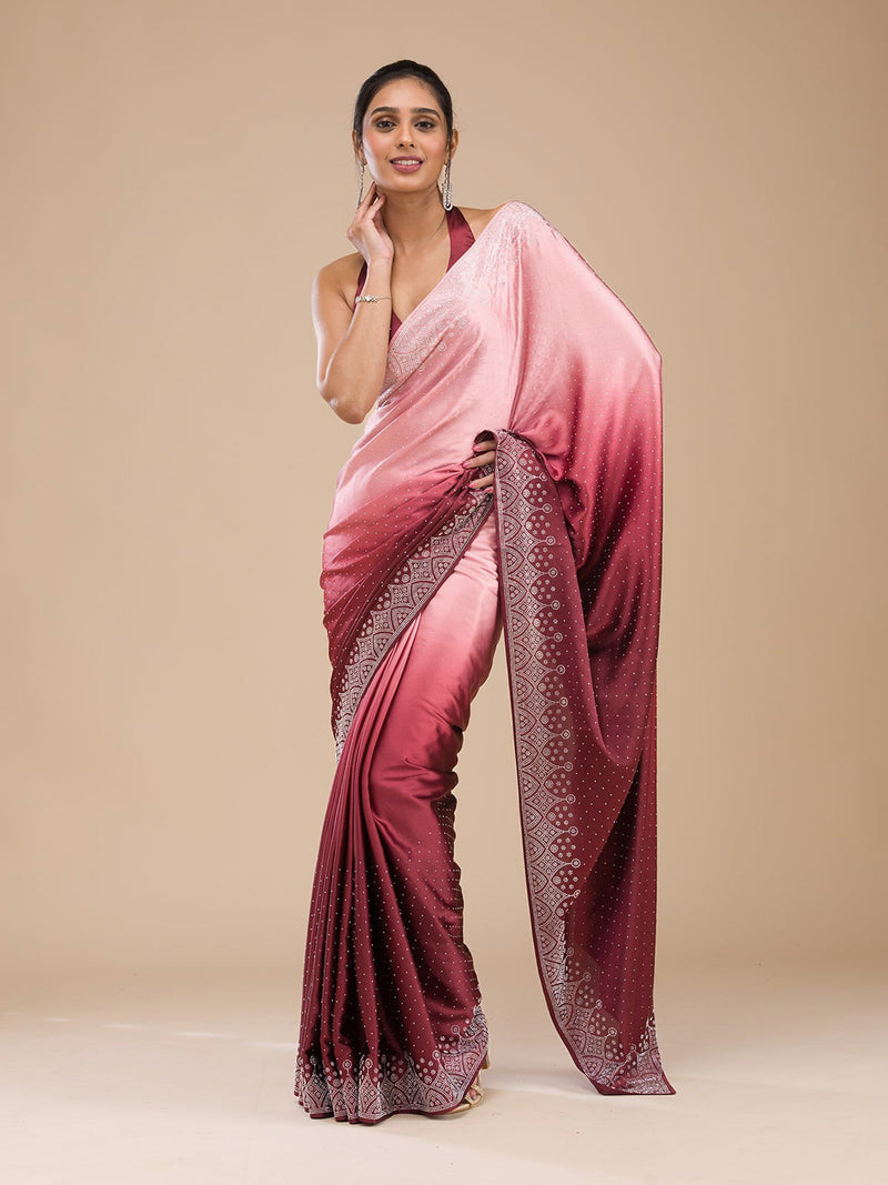 Brown Satin Siroski Work Ombre Pattern Dual Shade Saree with Unstitch Blouse Piece For Women's
