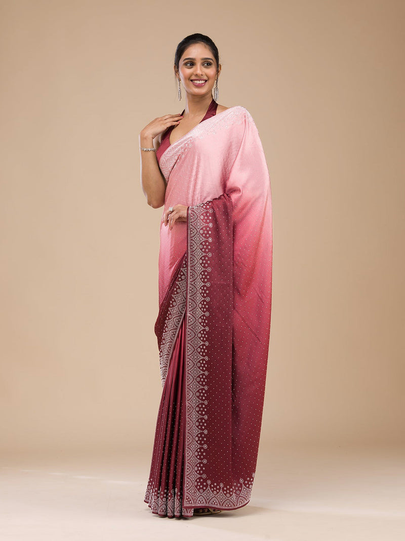 Brown Satin Siroski Work Ombre Pattern Dual Shade Saree with Unstitch Blouse Piece For Women's