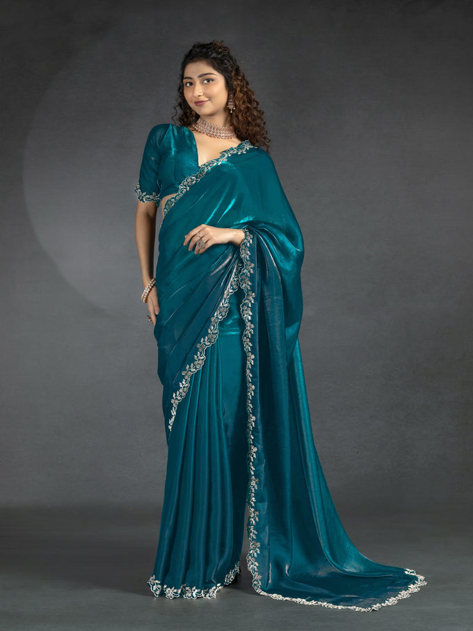 Morpeach Satin Floral Siroski work Saree Trendmalls