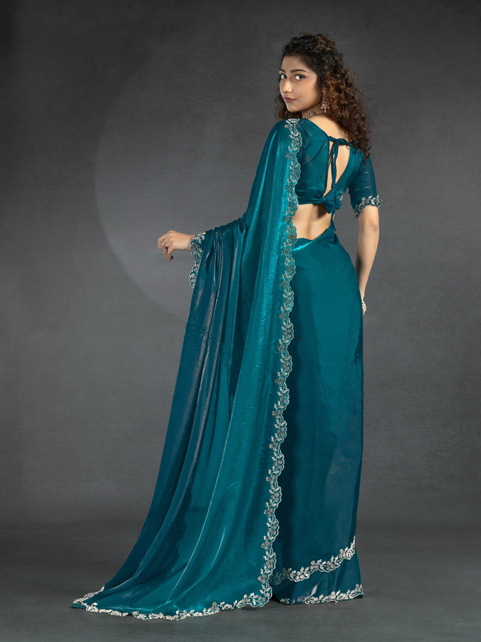 Morpeach Satin Floral Siroski work Saree Trendmalls