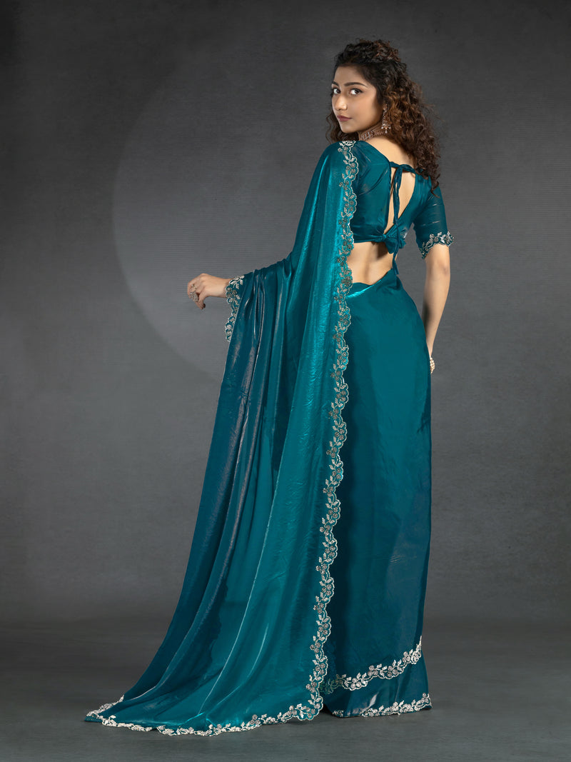 Morpeach Satin Floral Siroski work Saree