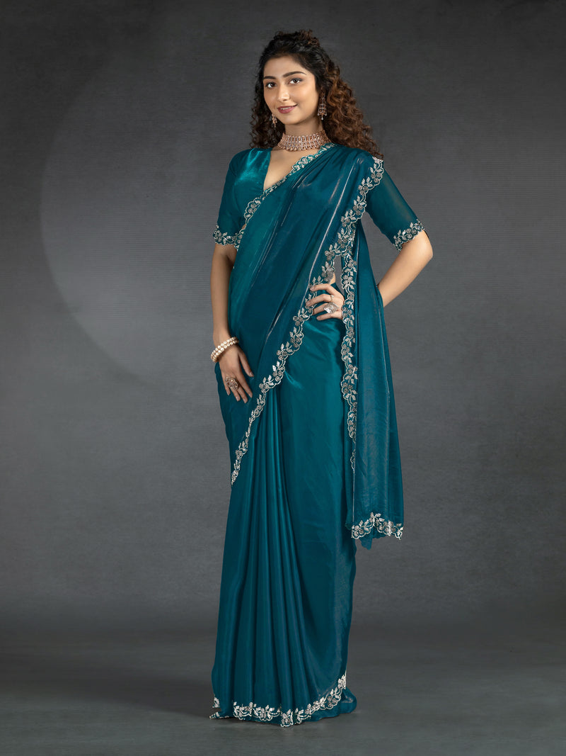 Morpeach Satin Floral Siroski work Saree