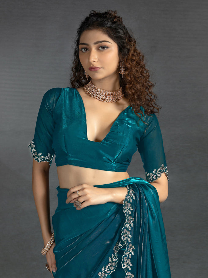 Morpeach Satin Floral Siroski work Saree Trendmalls