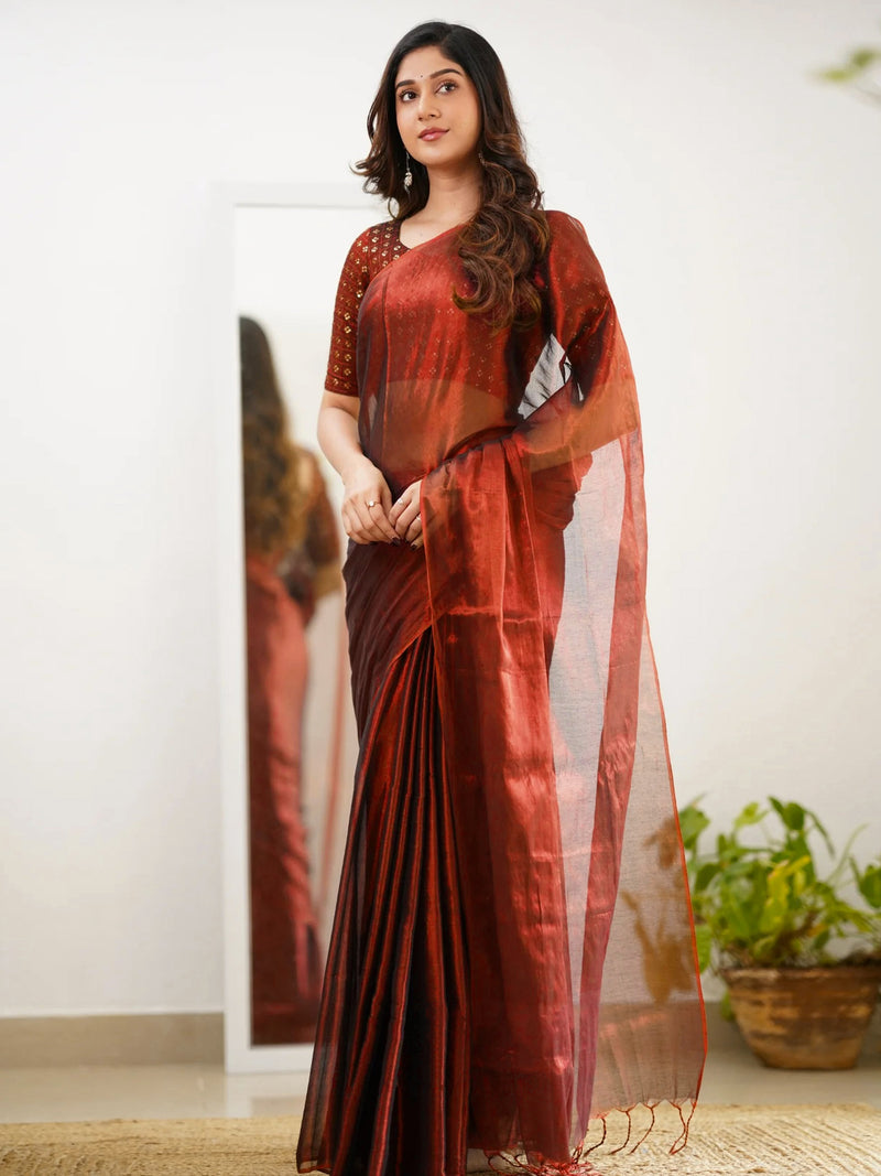 Pure Tissue Cotton Handloom South Style Saree with Unstitched Blouse Piece For Women's Trendmalls