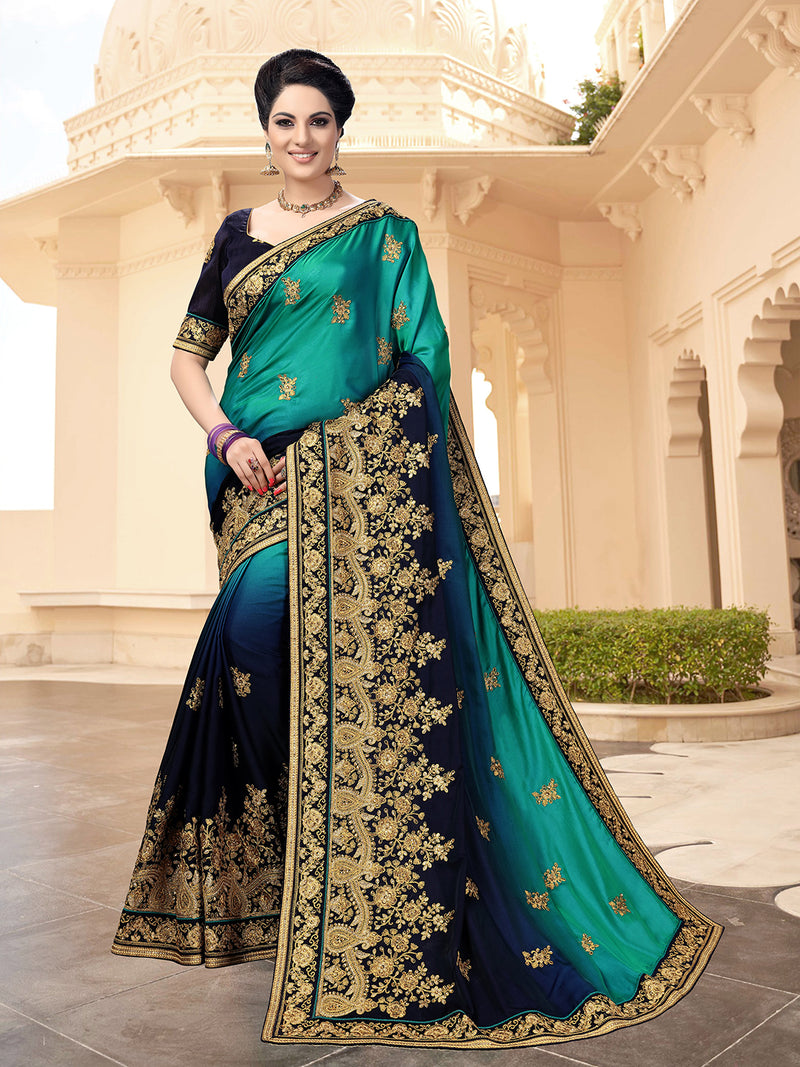 Women's Barfi Silk Embroidey Dual Shade Saree with Blouse Piece