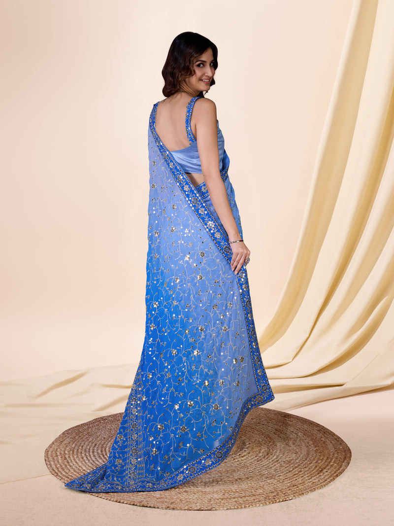 Women's Blue  Moss Chiffon Siroski work Saree with Belt Unstitched Blouse Piece