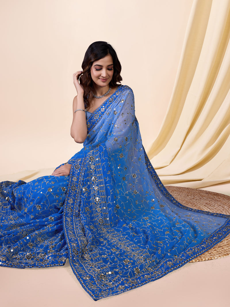 Women's Blue  Moss Chiffon Siroski work Saree with Belt Unstitched Blouse Piece