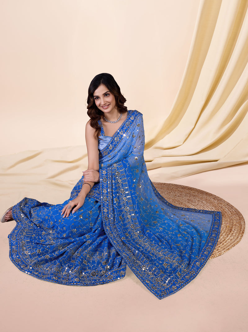 Women's Blue  Moss Chiffon Siroski work Saree with Belt Unstitched Blouse Piece