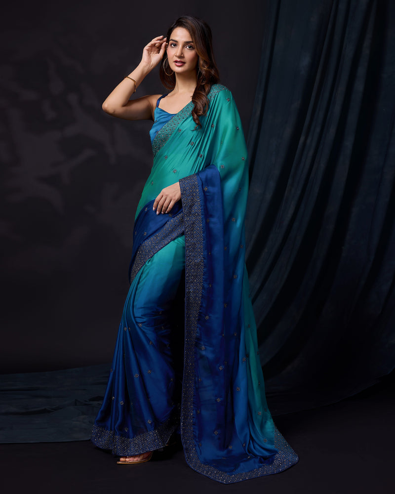Women's Blue Rangoli Silk Embroidery Double Shade Saree with Blouse Piece