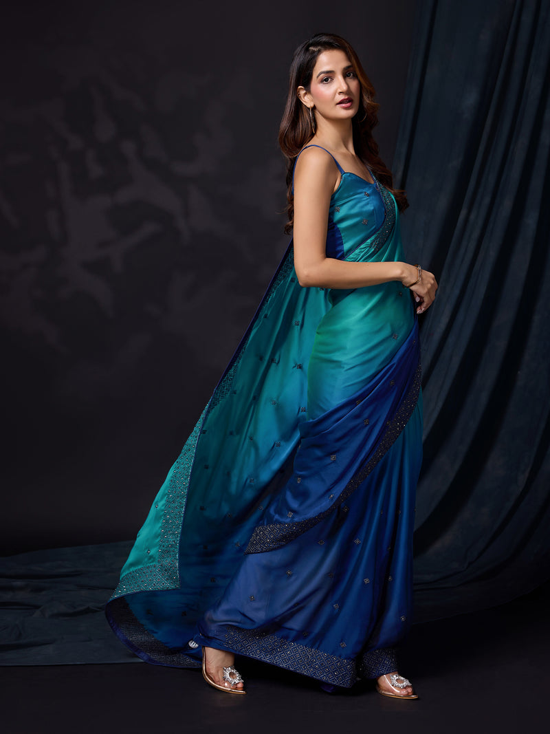 Women's Blue Rangoli Silk Embroidery Double Shade Saree with Blouse Piece
