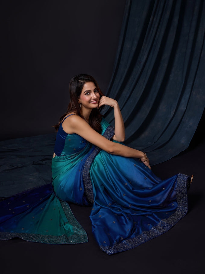 Women's Blue Rangoli Silk Embroidery Double Shade Saree with Blouse Piece Trendmalls