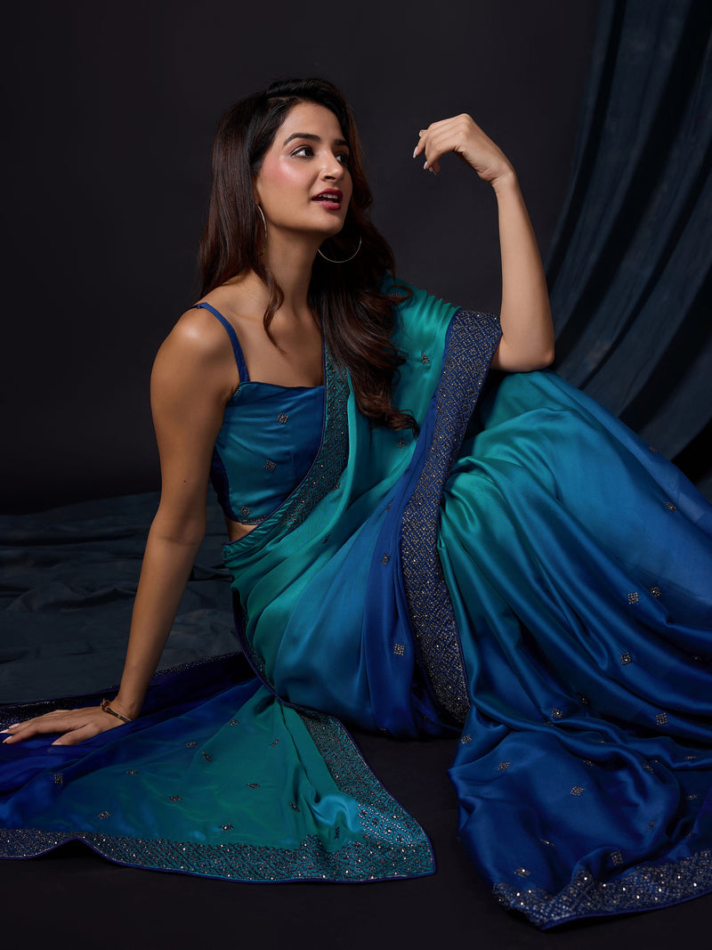 Women's Blue Rangoli Silk Embroidery Double Shade Saree with Blouse Piece