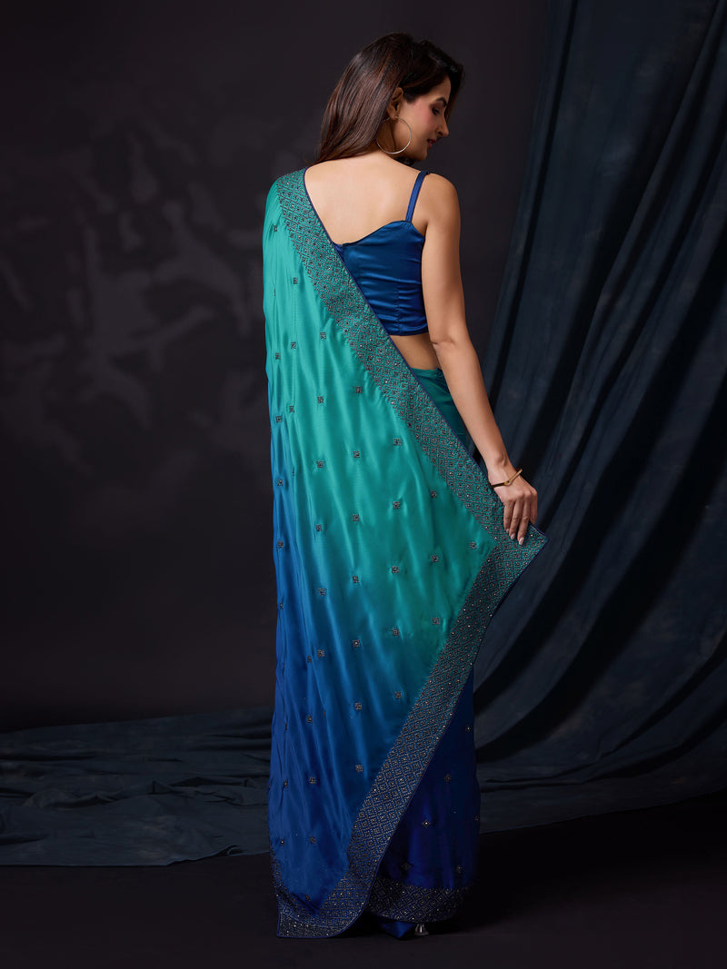 Women's Blue Rangoli Silk Embroidery Double Shade Saree with Blouse Piece