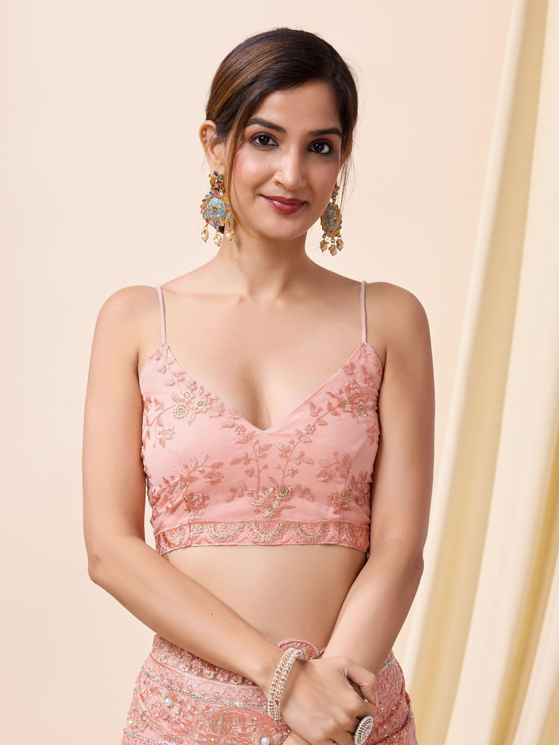 Pink Women's Net Embroidery work Saree with Unstitched Blouse Piece