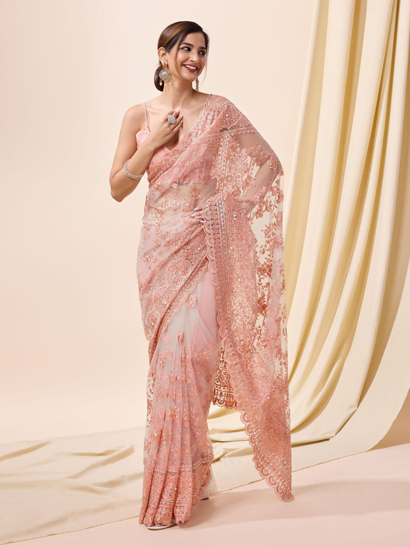 Pink Women's Net Embroidery work Saree with Unstitched Blouse Piece