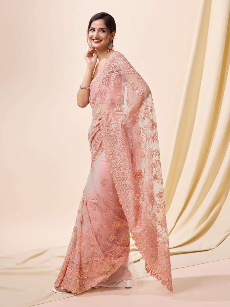 Pink Women's Net Embroidery work Saree with Unstitched Blouse Piece