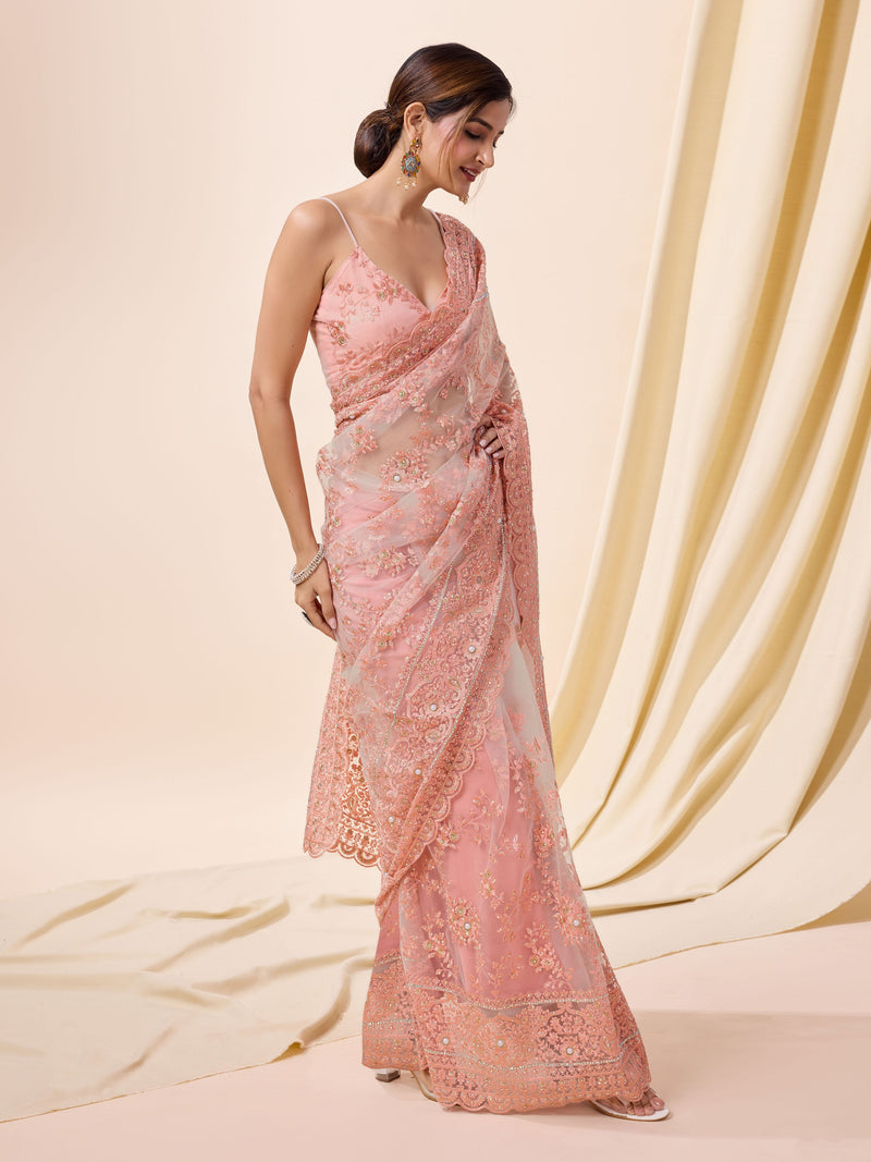 Pink Women's Net Embroidery work Saree with Unstitched Blouse Piece