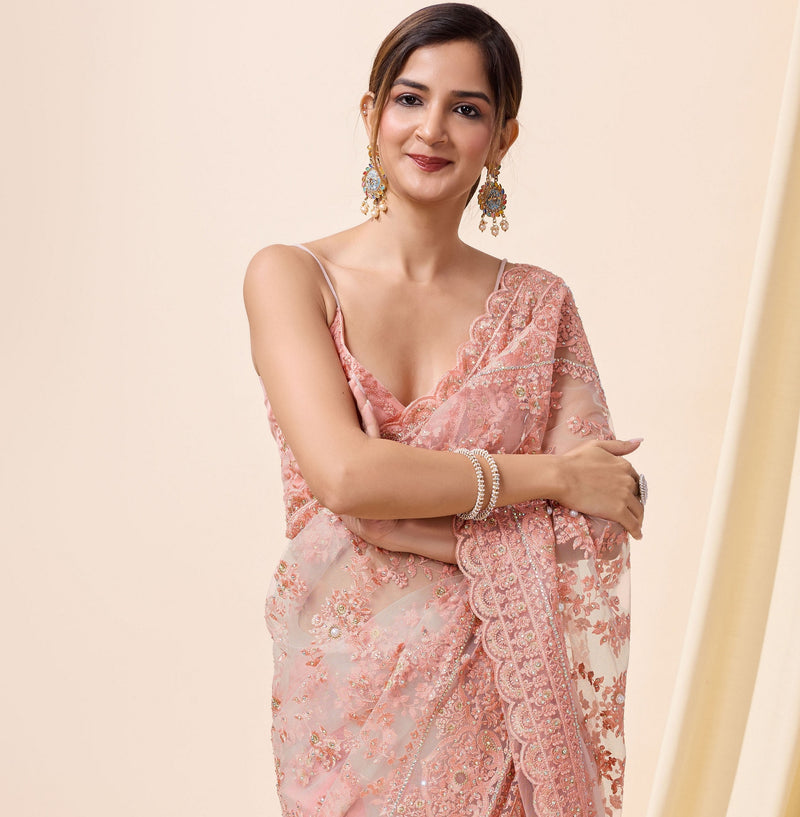 Pink Women's Net Embroidery work Saree with Unstitched Blouse Piece