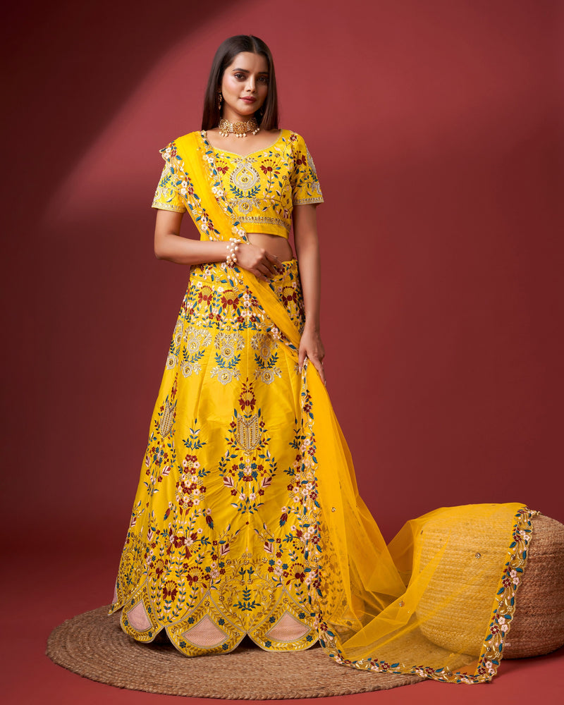 Yellow Satin Embroidery Bridal Lehenga Choli With Net Dupatta For Women's