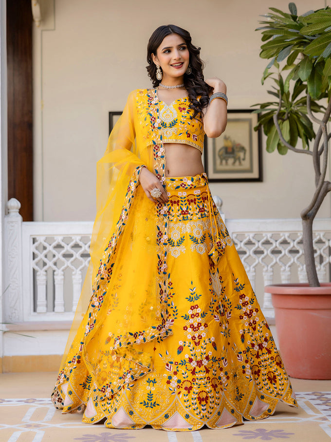 Yellow Satin Embroidery Bridal Lehenga Choli With Net Dupatta For Women's Trendmalls