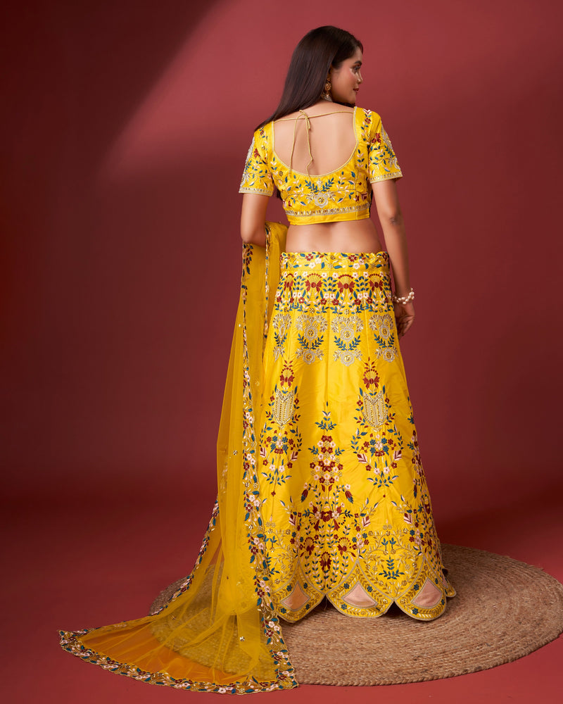 Yellow Satin Embroidery Bridal Lehenga Choli With Net Dupatta For Women's