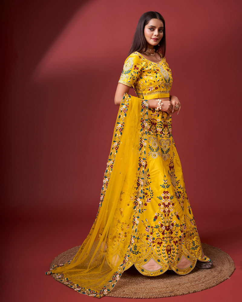 Yellow Satin Embroidery Bridal Lehenga Choli With Net Dupatta For Women's