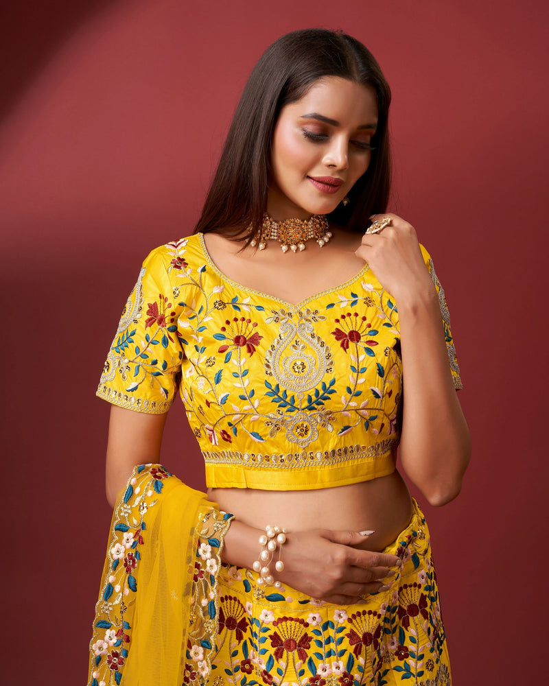 Yellow Satin Embroidery Bridal Lehenga Choli With Net Dupatta For Women's