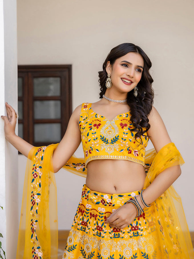 Yellow Satin Embroidery Bridal Lehenga Choli With Net Dupatta For Women's Trendmalls