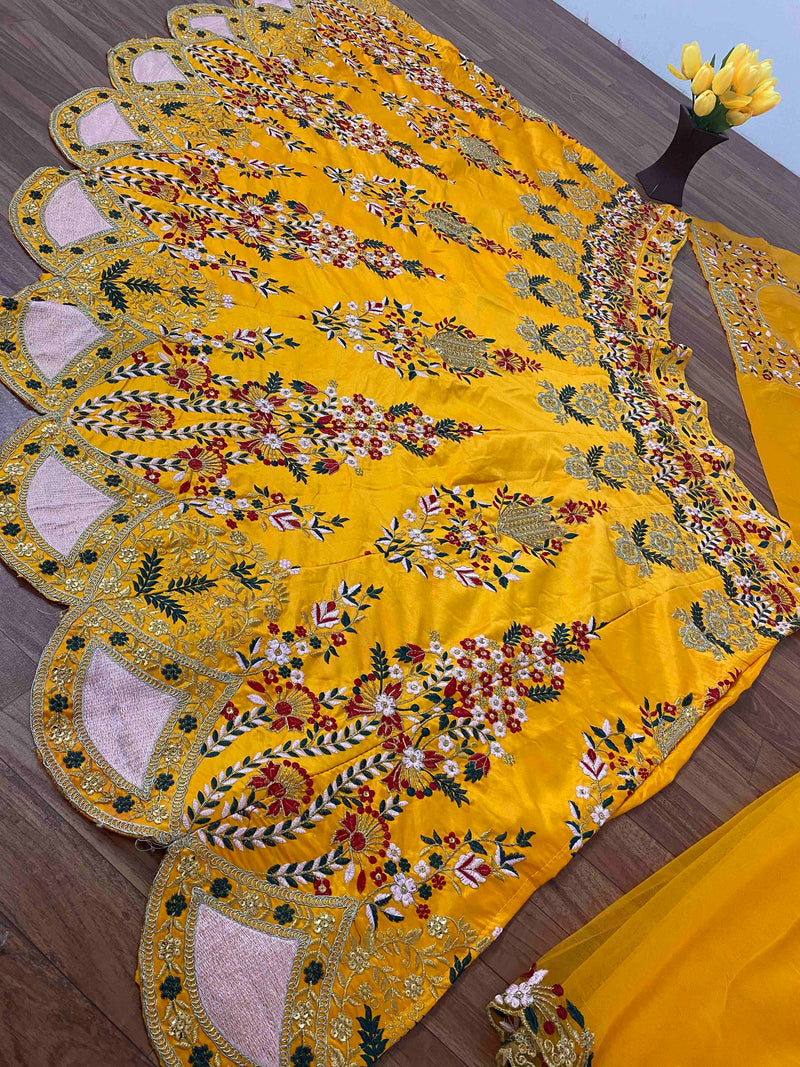Yellow Satin Embroidery Bridal Lehenga Choli With Net Dupatta For Women's