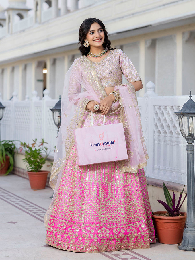 Pink Satin Embroidery Lehenga Choli with Dupatta | Bridal Party Stylish Wedding Lehenga Choli for women Trendmalls