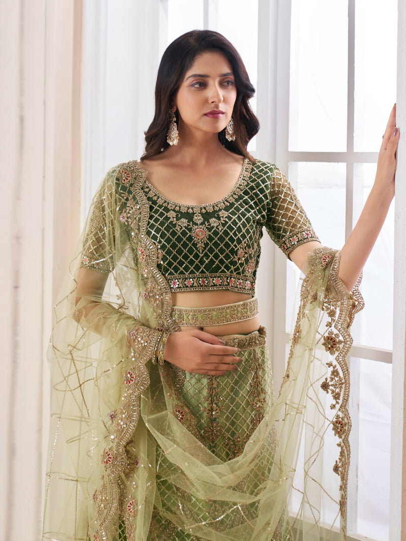 Mahendi Net Embroidery Lehenga Choli with Dupatta For Women's