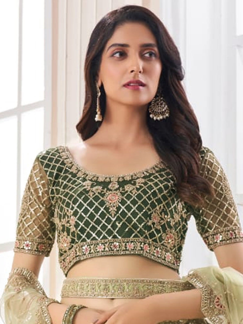 Mahendi Net Embroidery Lehenga Choli with Dupatta For Women's