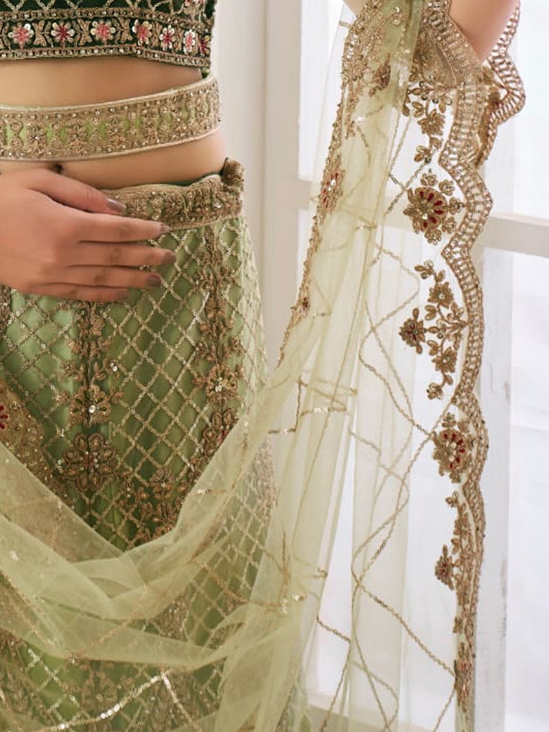 Mahendi Net Embroidery Lehenga Choli with Dupatta For Women's