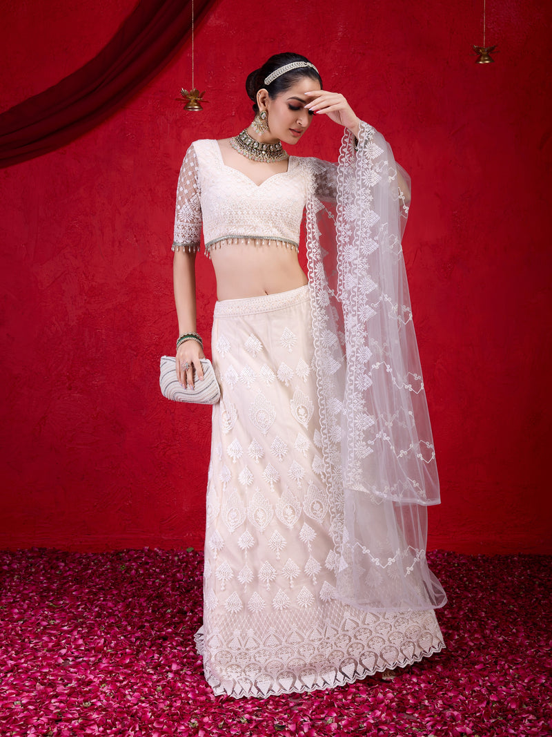 White Net Embroidery Lehenga Choli with Dupatta For Women's