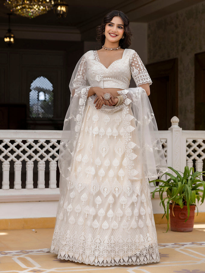 White Net Embroidery Lehenga Choli with Dupatta For Women's Trendmalls