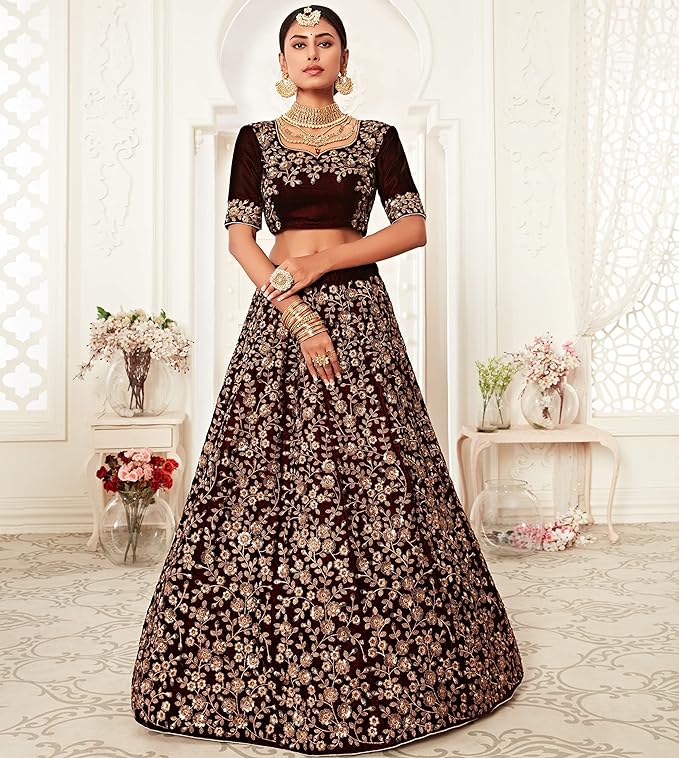 Women's Velvet Sequin Embroidery Lehenga Choli with Dupatta | Bridal Party Stylish Wedding Lehenga Choli for women