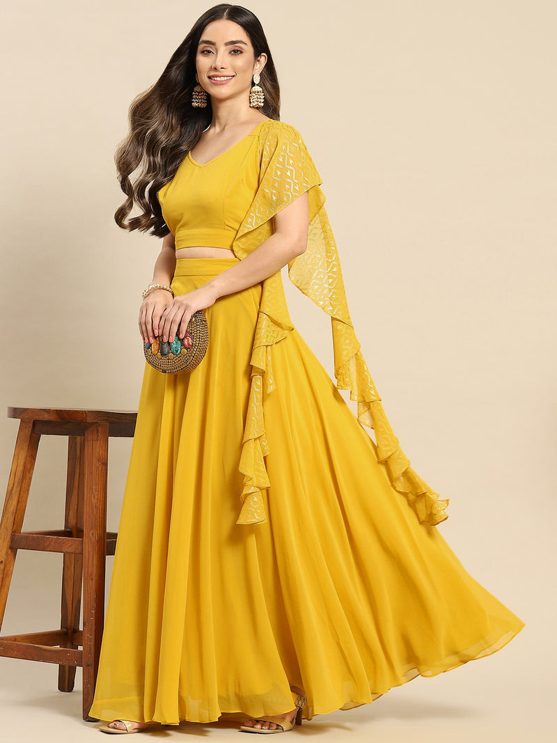 Yellow Semi-Stitched Crop Top Lehenga Choli Unstitch Blouse with Foil Print Dupatta For Women