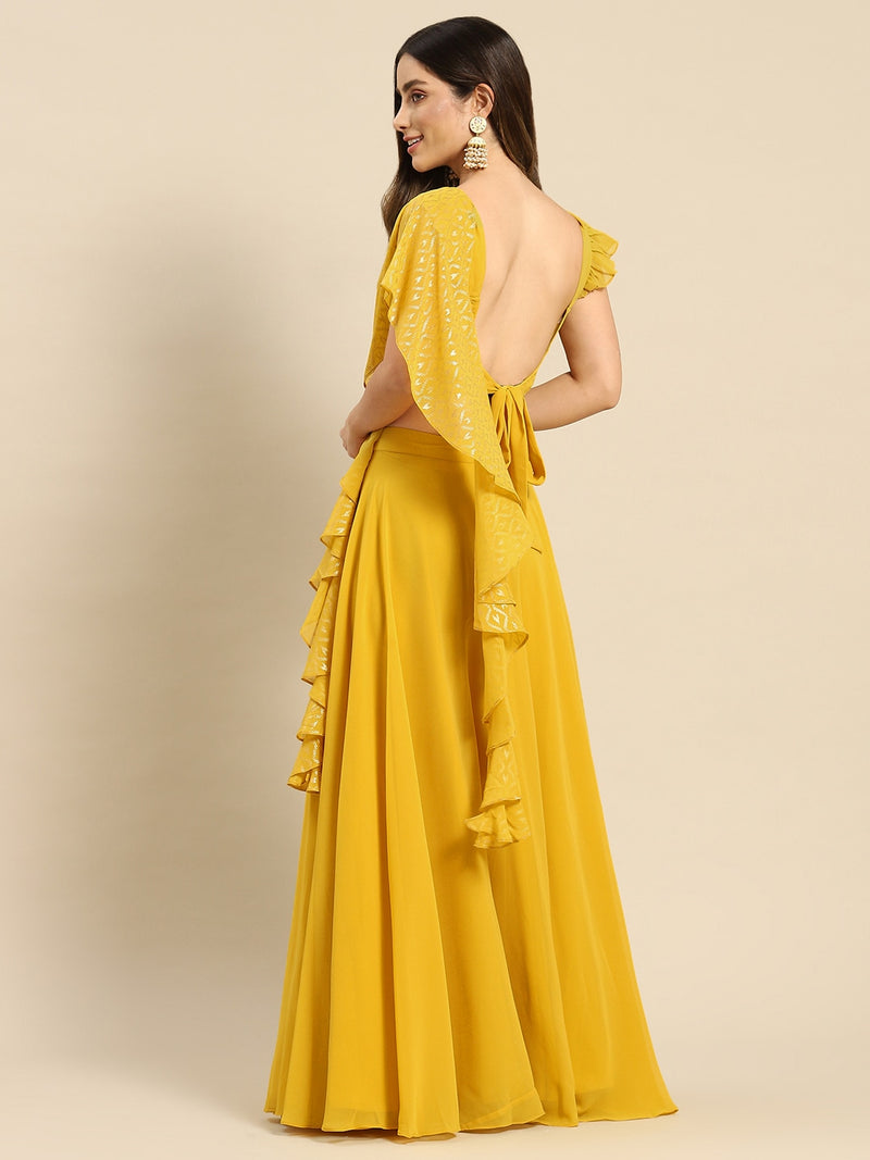 Yellow Semi-Stitched Crop Top Lehenga Choli Unstitch Blouse with Foil Print Dupatta For Women