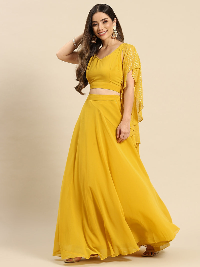Yellow Semi-Stitched Crop Top Lehenga Choli Unstitch Blouse with Foil Print Dupatta For Women