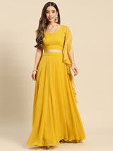Yellow Semi-Stitched Crop Top Lehenga Choli Unstitch Blouse with Foil Print Dupatta For Women