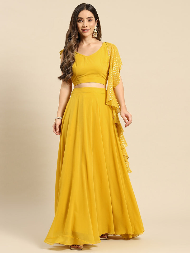 Yellow Semi-Stitched Crop Top Lehenga Choli Unstitch Blouse with Foil Print Dupatta For Women