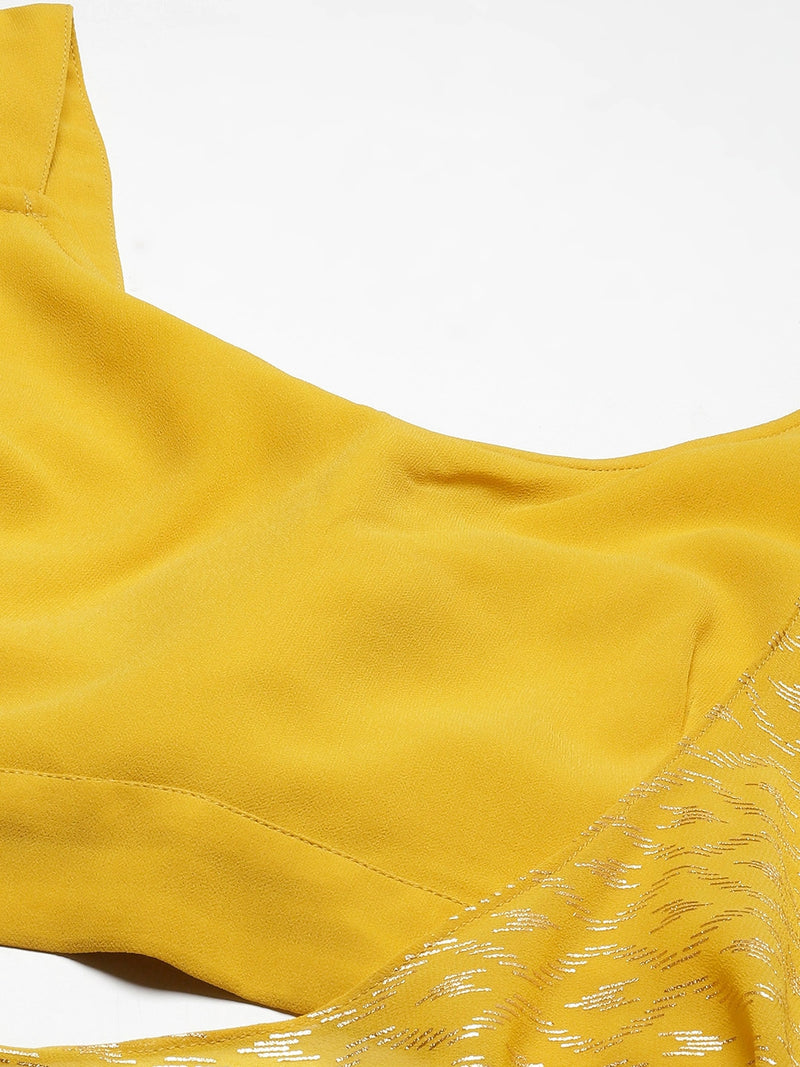 Yellow Semi-Stitched Crop Top Lehenga Choli Unstitch Blouse with Foil Print Dupatta For Women